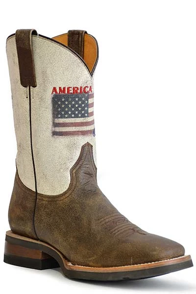 'Roper' Men's 11" America Strong Western Square Toe - Vintage Brown / Vintage White 3 'Roper' Men's 11" America Strong Western Square Toe - Vintage Brown / Vintage White
