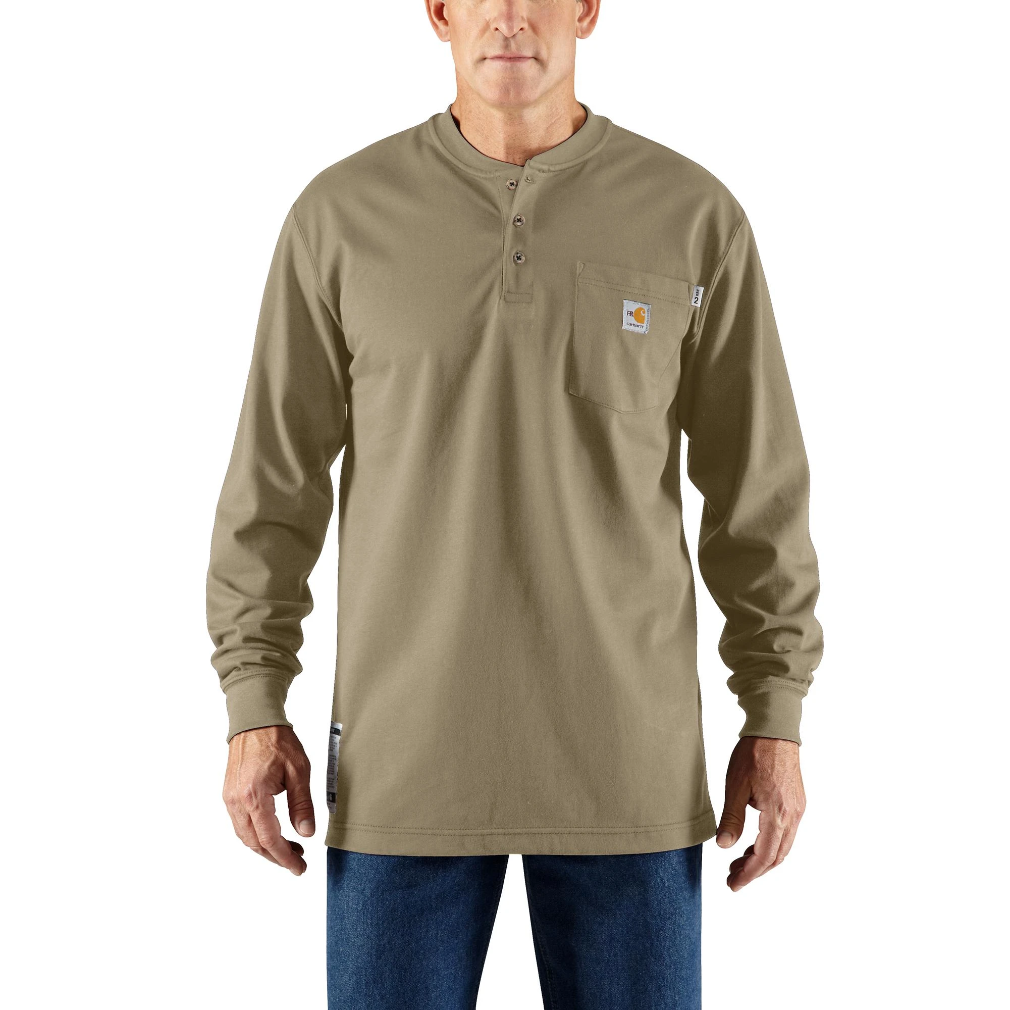 'Carhartt' Men's Flame Resistant Cotton Long Sleeve Henley - Khaki 3 'Carhartt' Men's Flame Resistant Cotton Long Sleeve Henley - Khaki