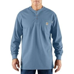 'Carhartt' Men's Flame Resistant Cotton Long Sleeve Henley - Medium Blue
