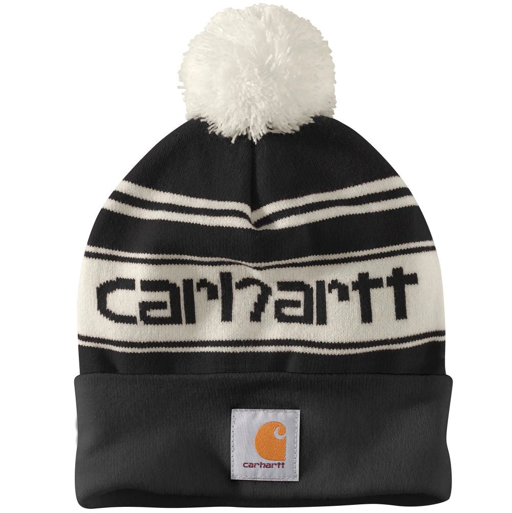 'Carhartt' Adult Knit Pom Pom Cuffed Logo Beanie - Black / White 3 'Carhartt' Adult Knit Pom Pom Cuffed Logo Beanie - Black / White