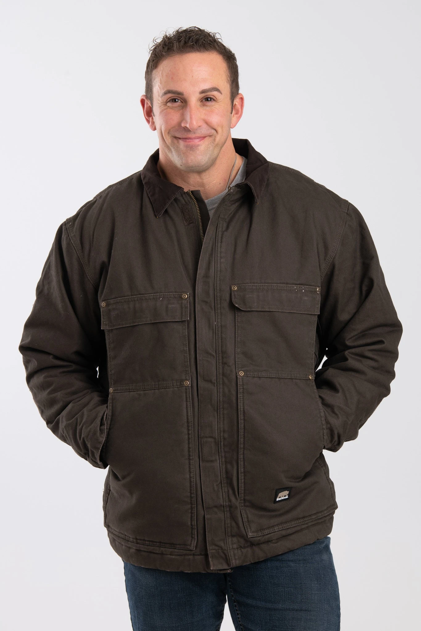 'Berne' Men's Washed Chore Coat - Olive Duck 3 'Berne' Men's Washed Chore Coat - Olive Duck