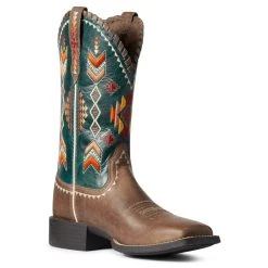 'Ariat' Women's Round Up Square Toe - Tan / Deep Teal -cowboy shop F21 WMS WEST 10038328 medial 1024x1024@2x