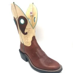 Olathe Boots 'Olathe' Men's 12" Rough Stock Western Round Toe - Chestnut Oil Latigo / Teal / Cream -cowboy shop IMG 1866 1024x1024@2x