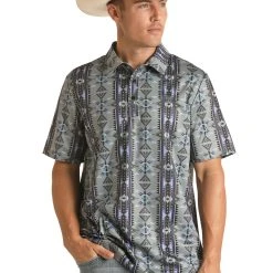 'Panhandle Slim' Men's Aztec Print Polo - Charcoal
