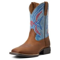 'Ariat' Youth Double Kicker Square Toe - Distressed Brown / Stone Blue -cowboy shop S22 YTH WEST 10040247 3 4 front 1024x1024@2x